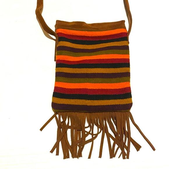 Malky Leather Wool Fringe Small Crossbody Striped Festival Purse Bag - Picture 4 of 8